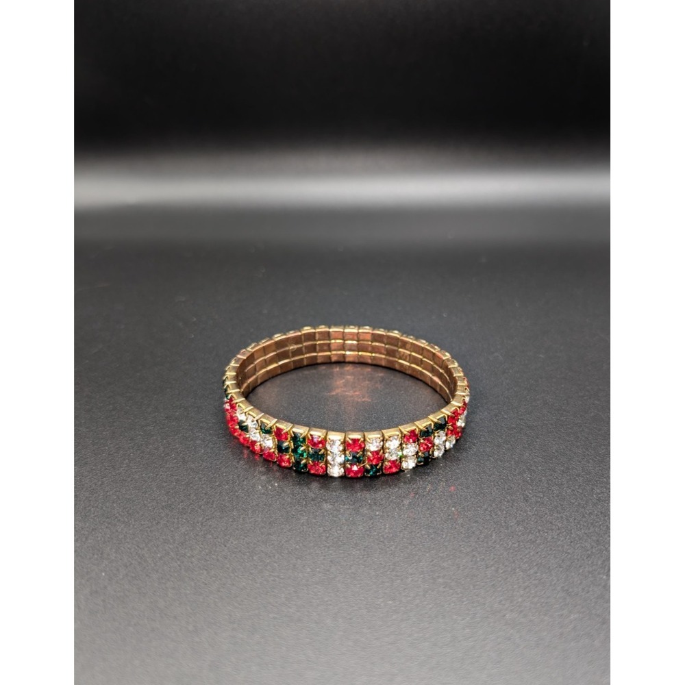 Vintage Rhinestone Expansion Stretch Christmas Red Green Bracelet Gold Tone